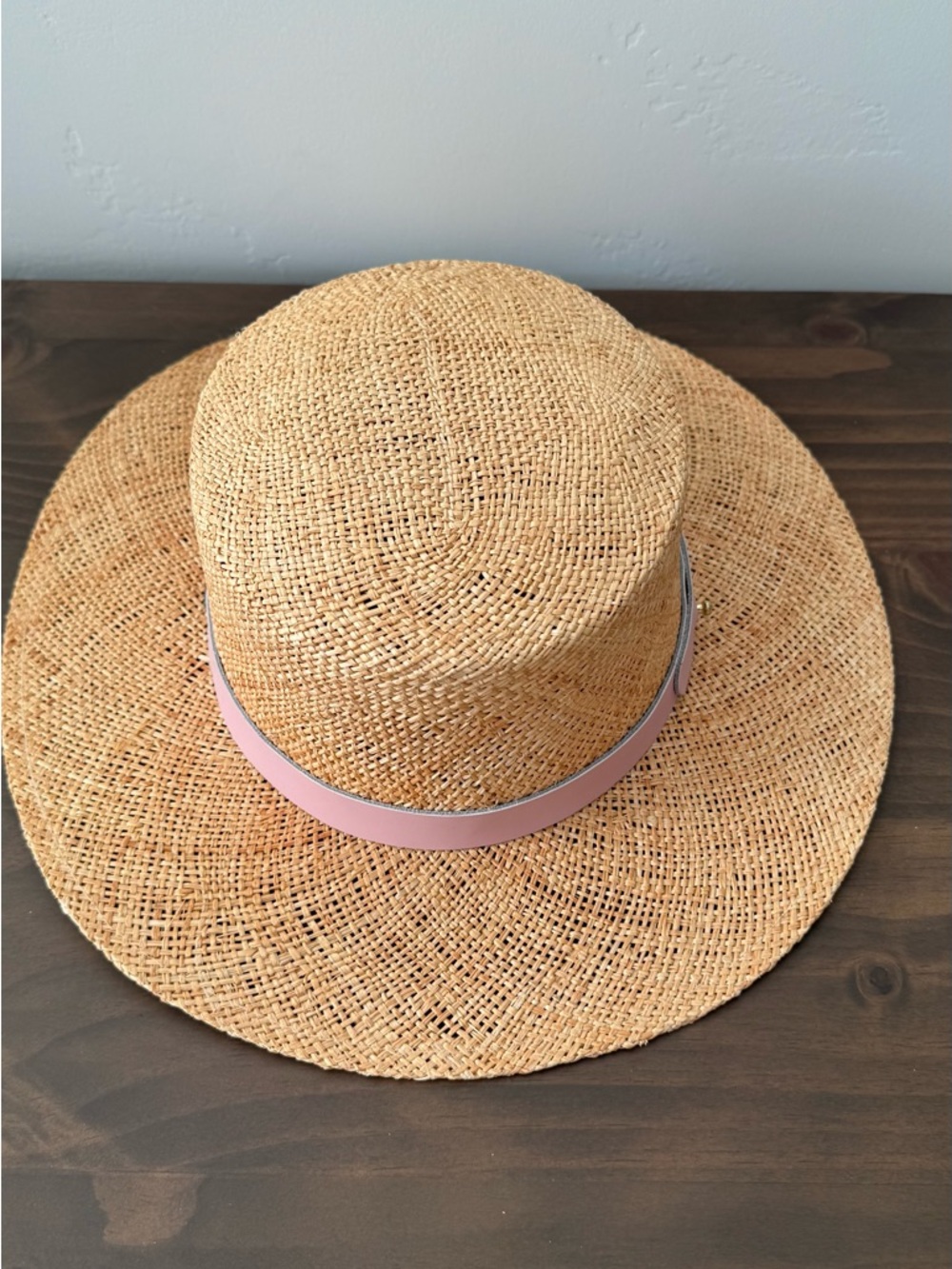 Woven Straw Sun Hat with Blush Leather Band. - Picture 4 of 13